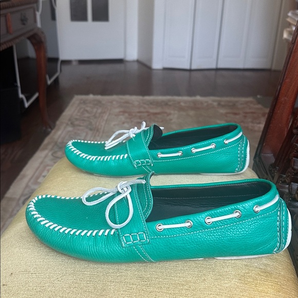 Jimmy Choo Men\'s Green Leather Loafers Moccasins with White Accents Size US 13 main image 9